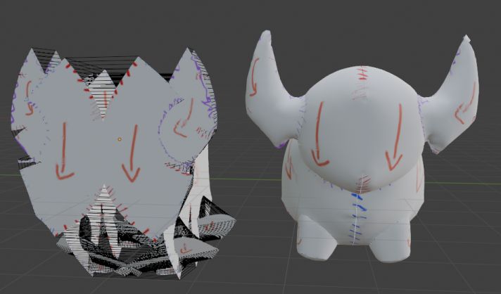 A snippet of how the Seams To Sewing Pattern Blender add-on can be used to prototype plushie designs.