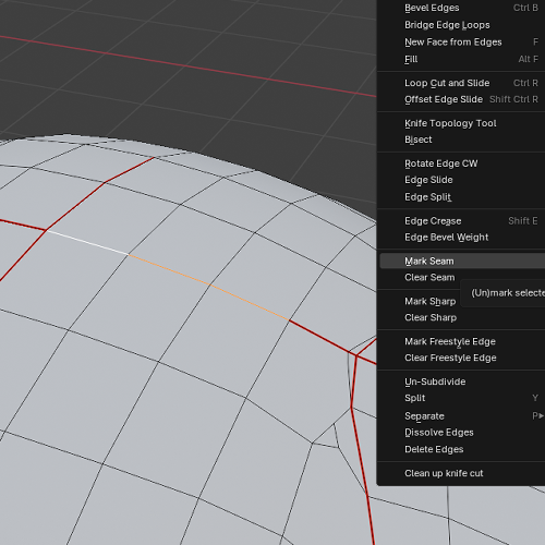An edge highlighted and the mouse hovering over the 'mark seam' button.